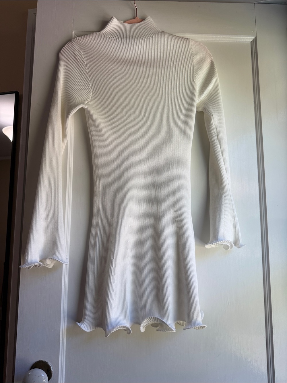 Zara Cream Ribbed Long-Sleeve Mock Neck Dress